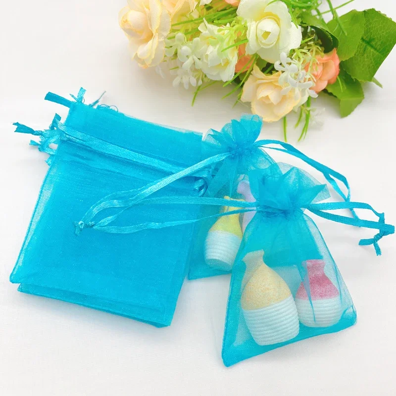 Lake Blue Organza Gift Bag, Drawstring Storage Bags, Mesh Pouch, Wedding Packaging, Jewelry Packaging, 100Pcs