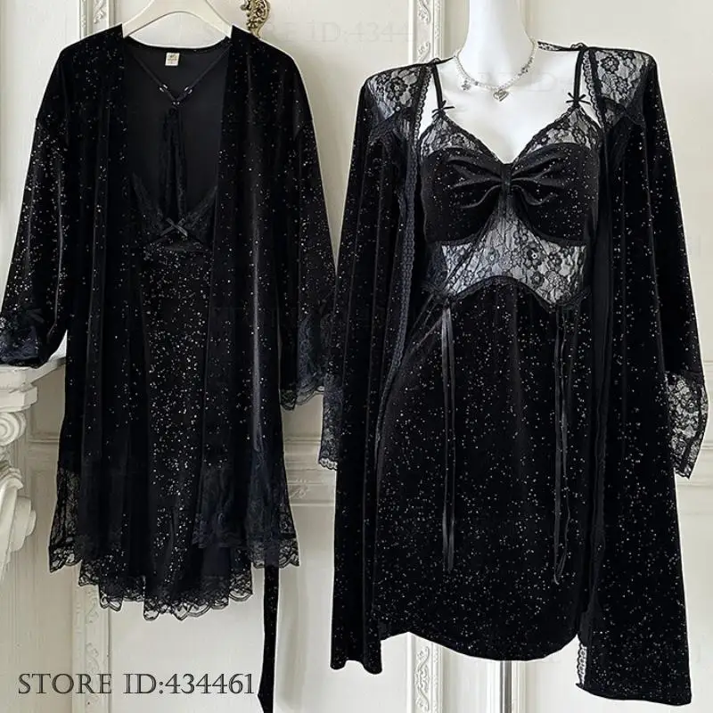 

Sexy Hollow Out Lace Lingerie Robe Nightgown Set Fashion Black Velvet Sequin Sleepwear Loungewear Autumn Winter Velour Home Wear