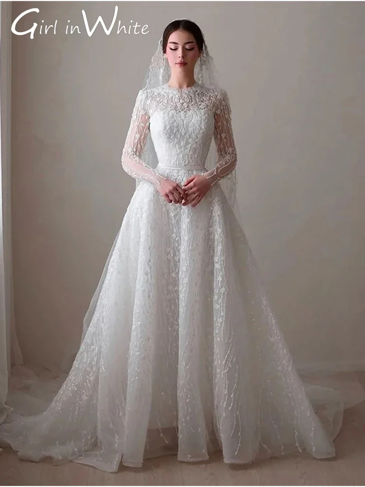 Brautkleid mit Perlen O-Ausschnitt 2026 Stickerei A-Linie Ballkleid Lange Ärmel Spitzenapplikation Maßgeschneidertes Brautkleid Vestido De Novia