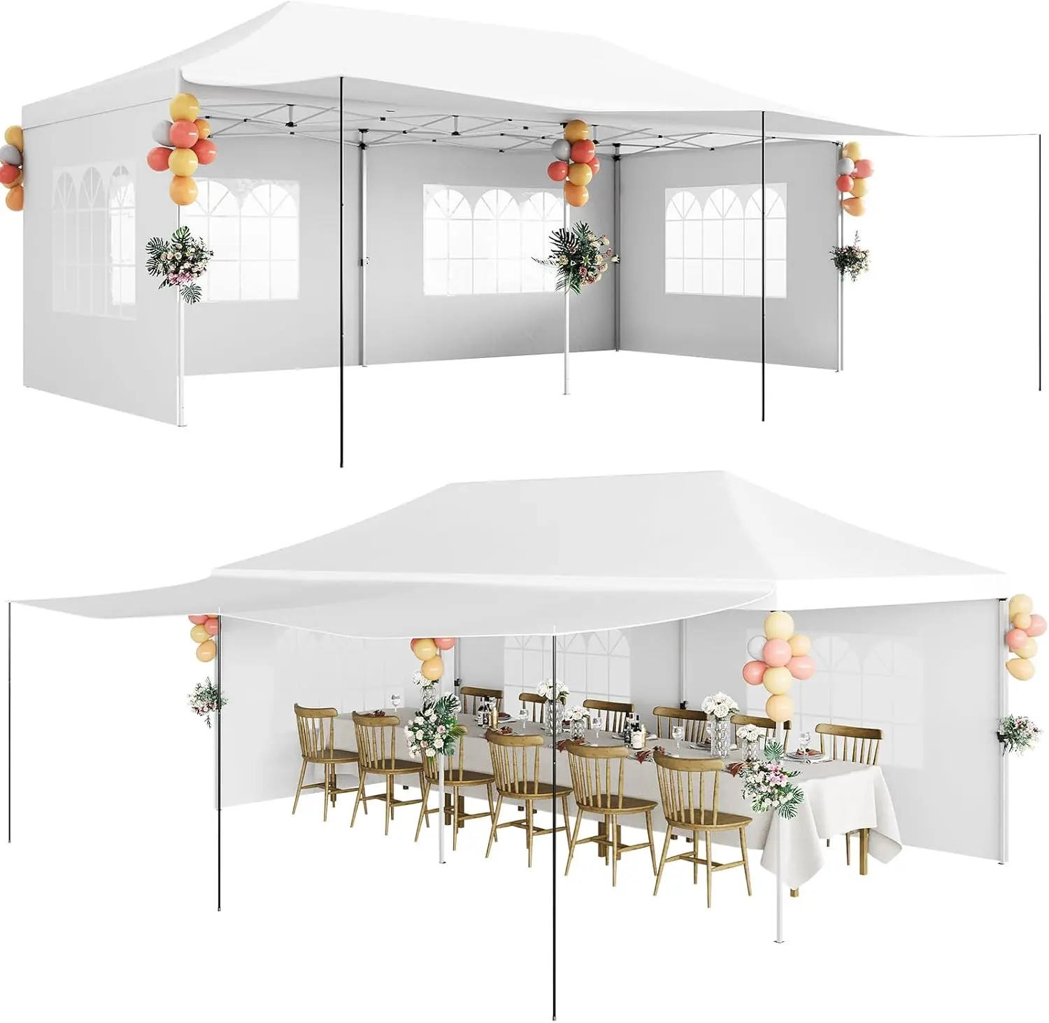 Tente à baldaquin pop-up 10x20, tentes à baldaquin commerciales robustes pour fêtes avec sac roulant, tentes 10x20 avec 6 parois latérales amovibles