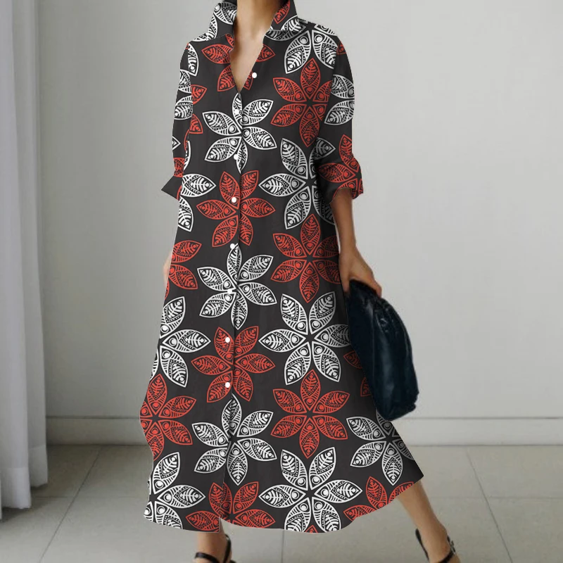 Leaves 3D Printed Shirt Long Dress Spring Summer Bohemian Floral Dress Casual Fashion High Quality Street Shirt Long Dresses