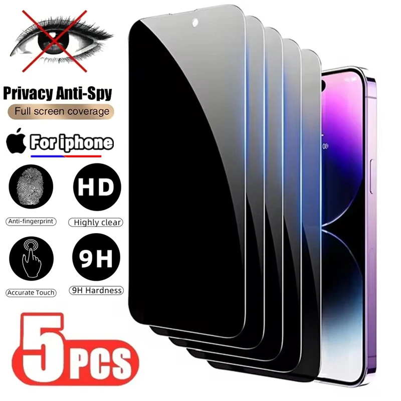 5PCS Privacy Tempered Glass For iPhone 16 15 14 13 12 11 PRO MAX Anti-Spy Screen Protectors For iPhone XS Max XR 7 8 Plus Glass