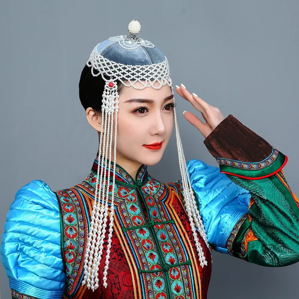 Mongolian lady minority dance performance etiquette Mongolian high hat headgear millinery