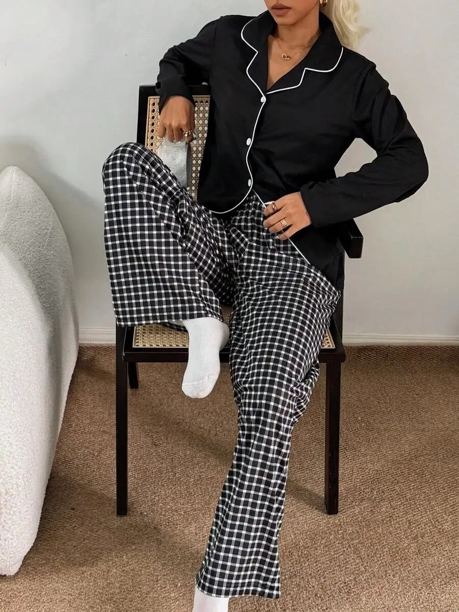 

Womens Collared Button-Up Plaid Pajama Set Sleepwear Winter