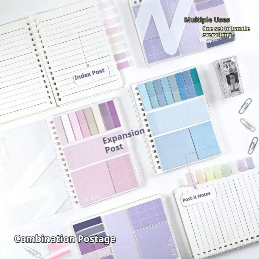 Multi-Use Sticky Notes Combo: Aesthetic Soft Coil Notebook with Refillable Ruled Pages, Index Tabs, Adhesive Notes - Ins Trend