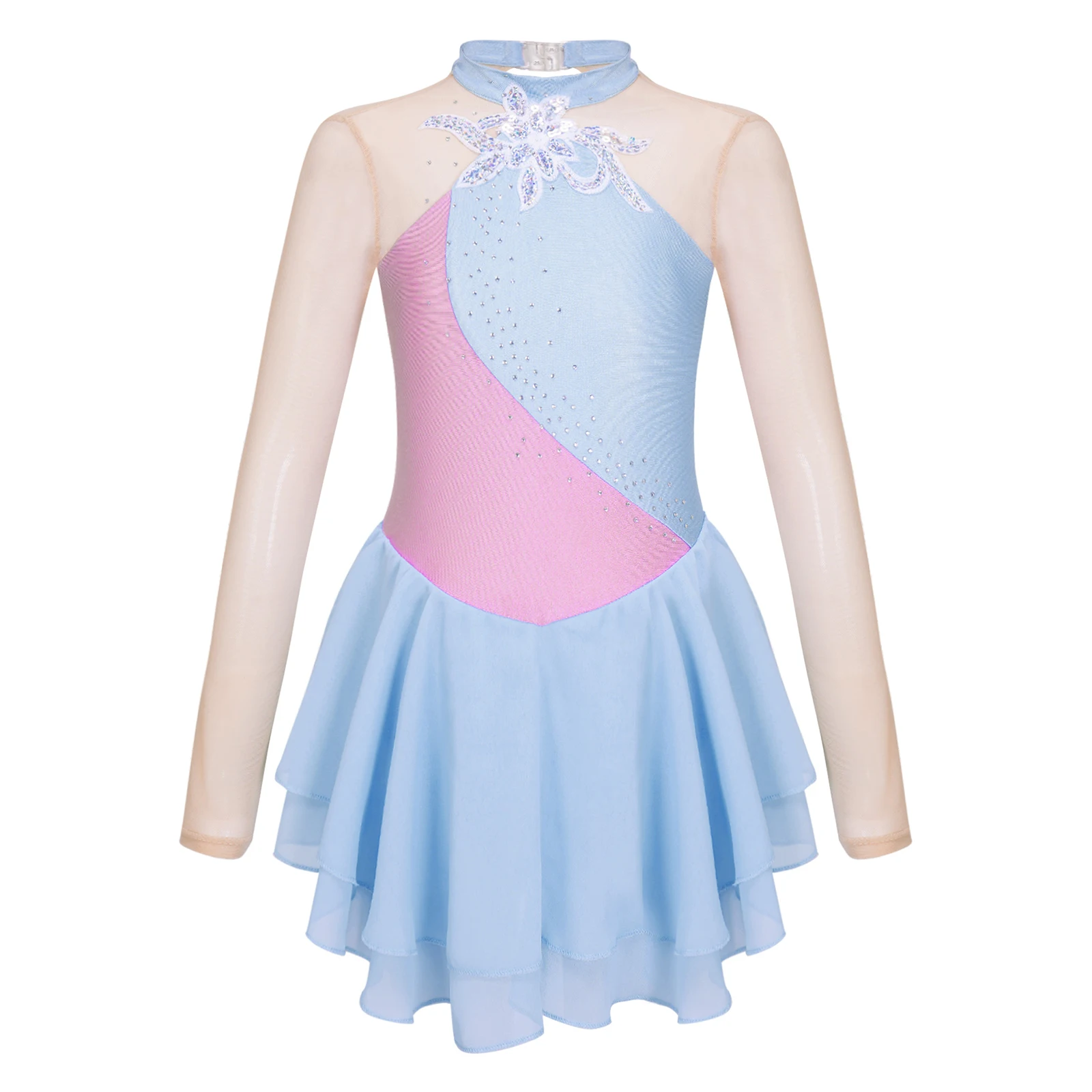 Kids Girls Long Sleeve Ice Figure Skating Dress Shiny Rhinestone Dancewear Sheer Mesh Tutu Ballet Gymnastics Dance Leotard Dress