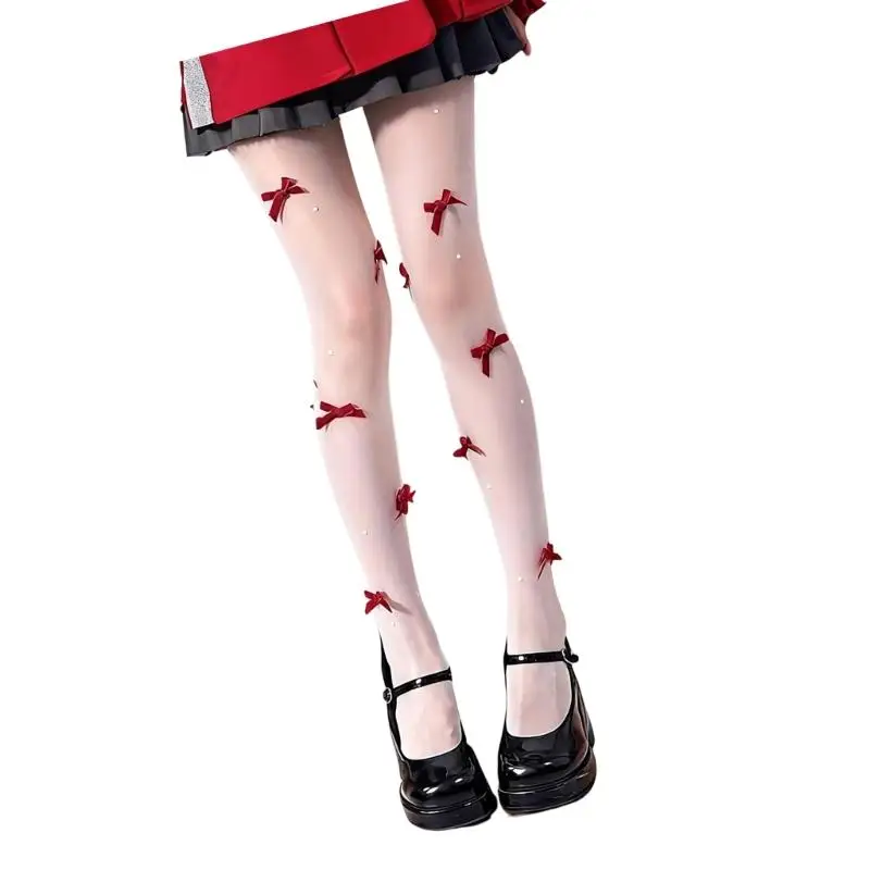 652F High Waist Pantyhose Sheer Silk Stockings Students Girls Thigh High Stockings Sparkly Bows Pearls Tights for Women Girls