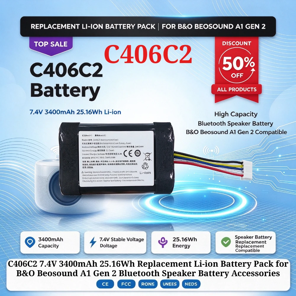 C406C2 7.4V 3400mAh 25.16Wh Replacement Li-ion Battery Pack for B&O Beosound A1 Gen 2 Bluetooth Speaker Battery Accessories