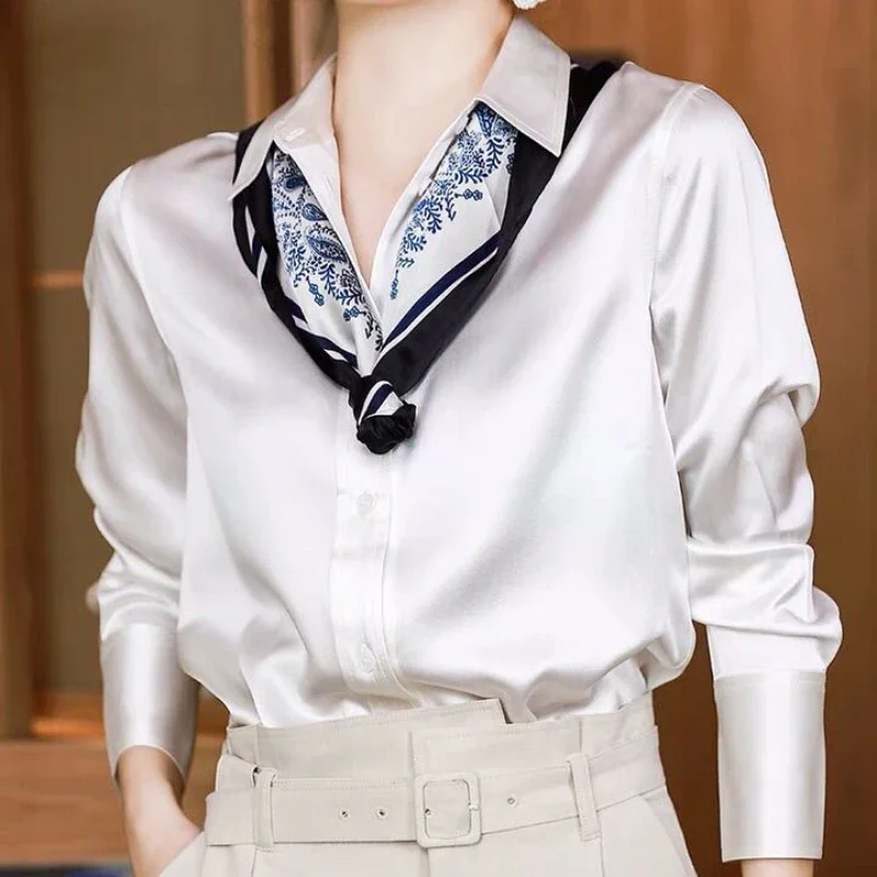 Brand Quality Luxury Office Lady Satin Shirts Women Autumn Winter Elegant Lapel Cardigan Plus Size Long Sleeve Blouses Silk Tops