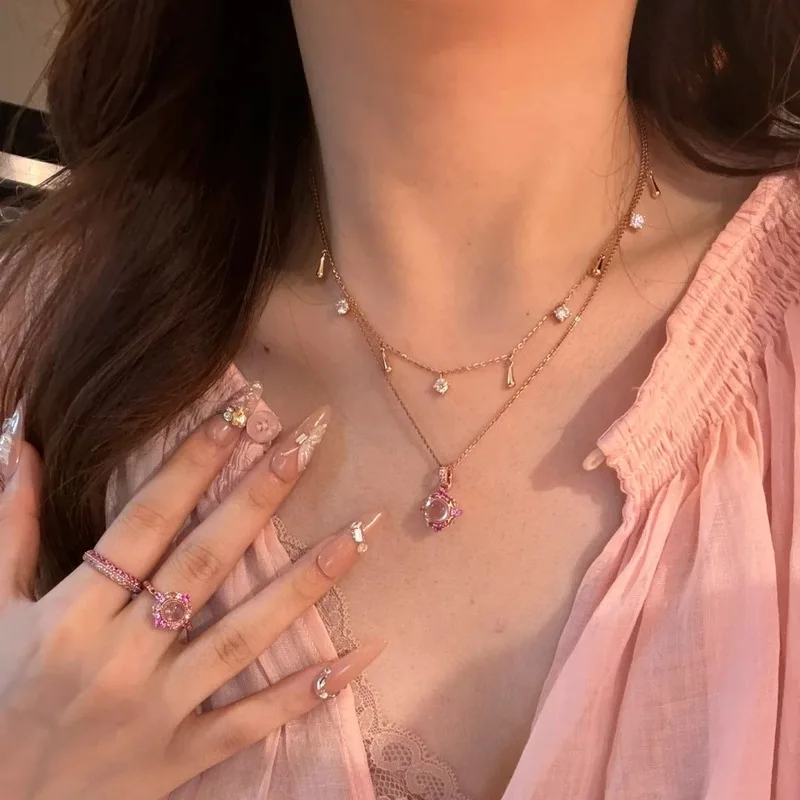 Retro Korean-style pink crystal set - featuring a diamond pendant necklace, ring and stud earrings - anniversary jewelry