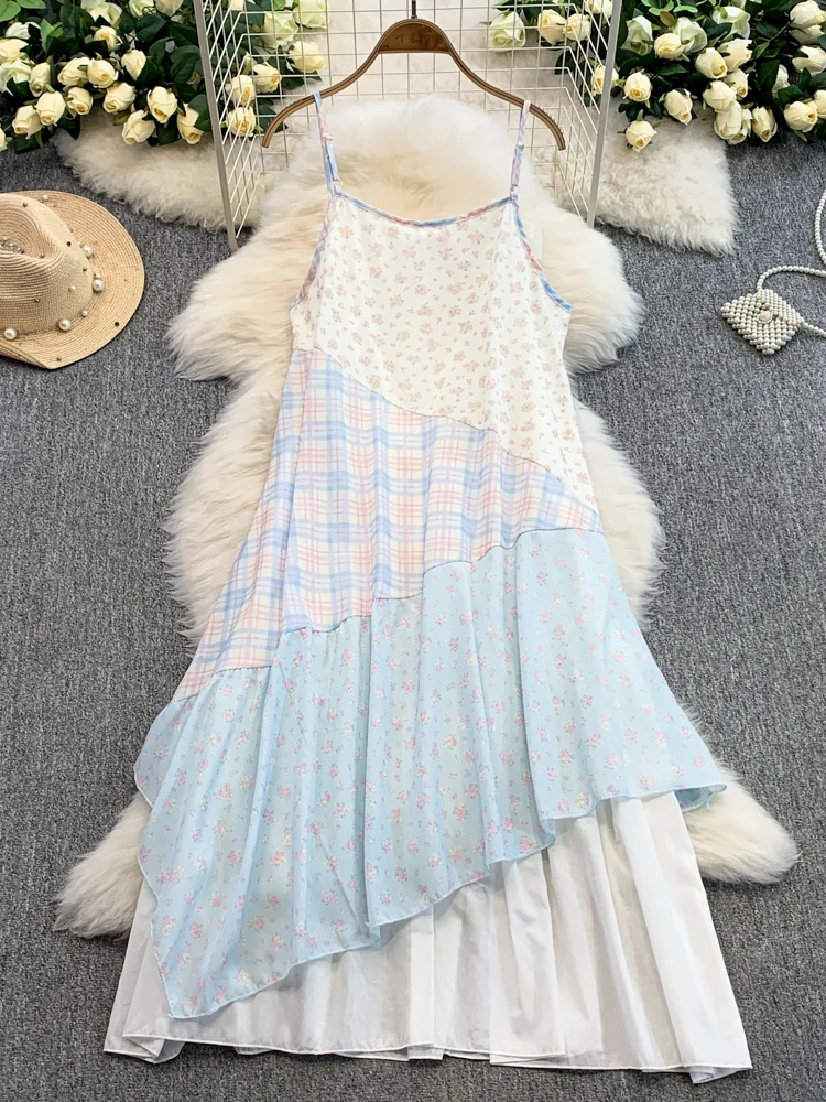 Vestido ter Floral F Novo de Verão com Design Assimétrico Estilo Coreano Material io Saia Midi de Cintura Alta