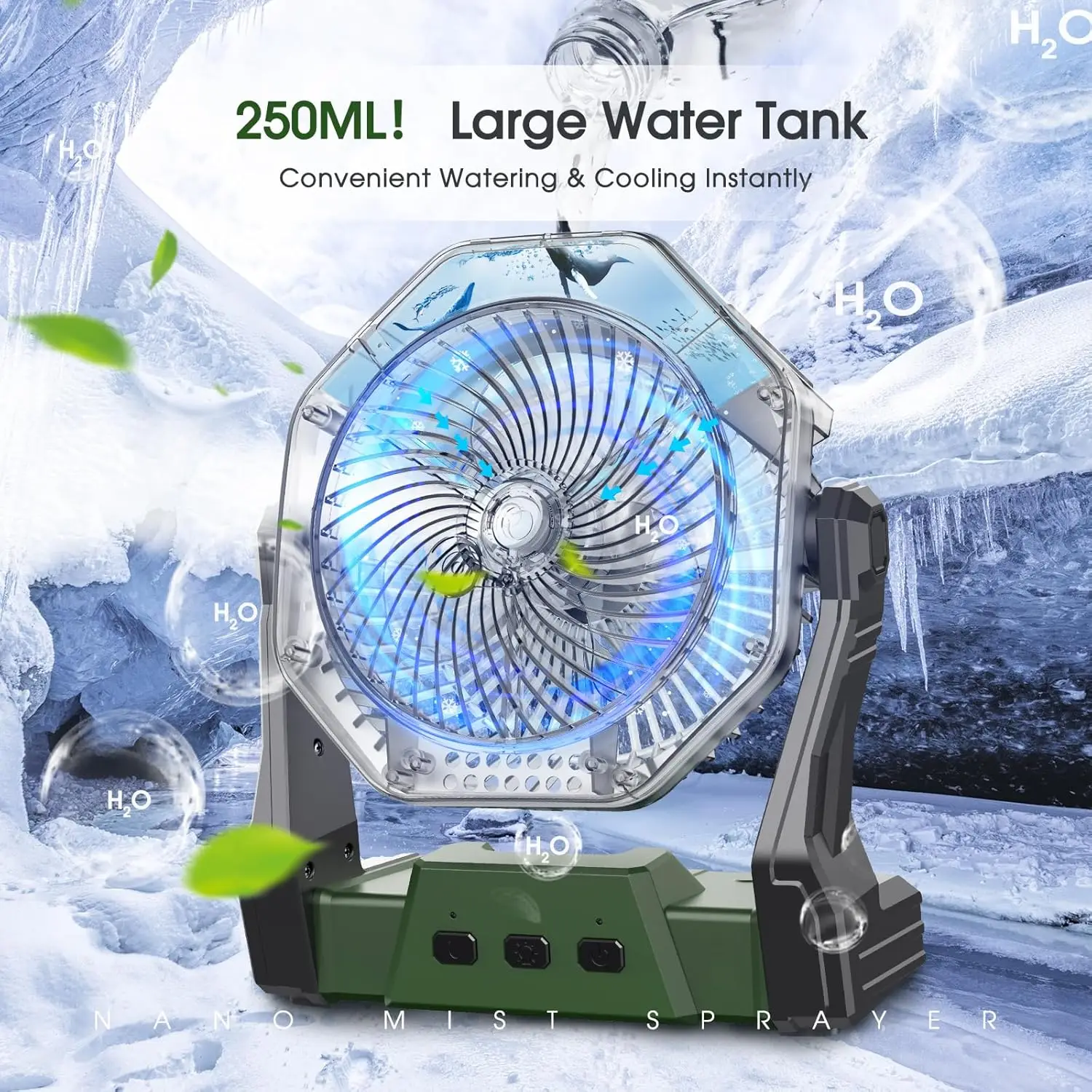 250ml Water Tank, 8 Inch Battery Operated Rechargeable Cooling Fan with Hook, Outdoor Tent Fan for Travel