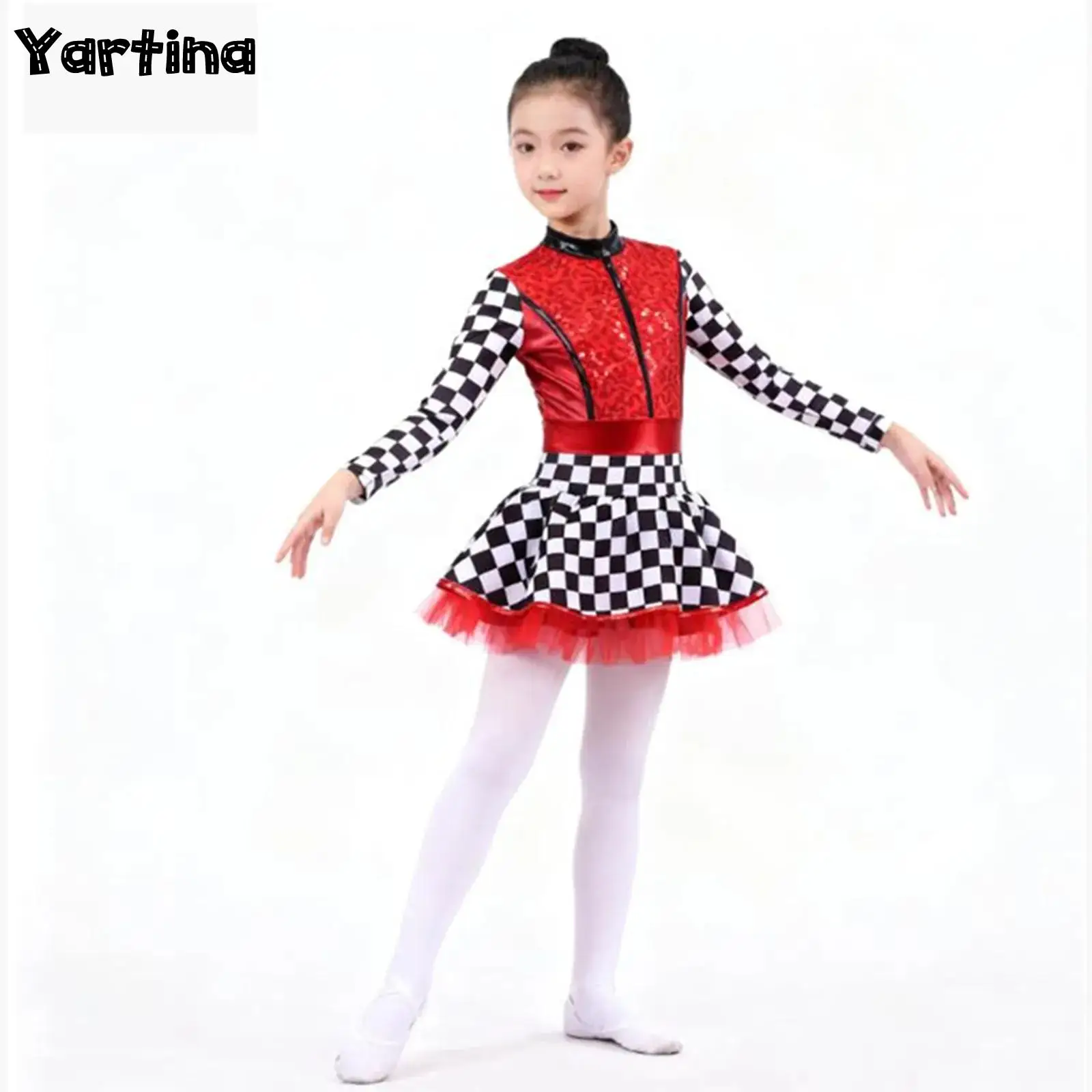 

Одежда для косплея гонщика для девочек, костюм с шахматным принтом, балетное трико, платье-пачка с длинными рукавами и блестками, комбинезон, платье