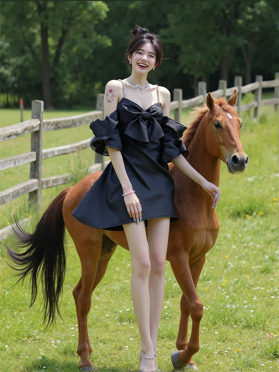 Vestido de fiesta de día para mujer, Sexy, corte en A, manga abombada, cuello en V, plisado, volantes, fruncido, capa apilada escalonada