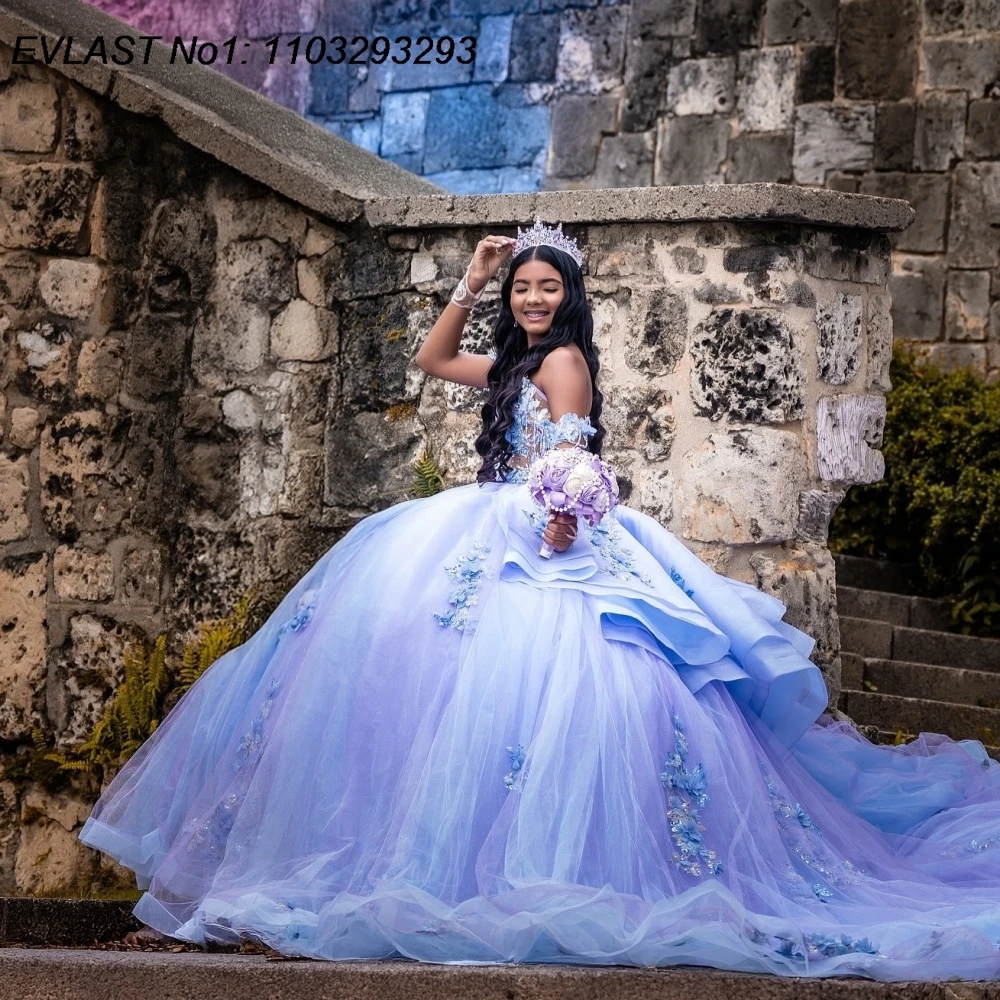 

EVLAST Customized 2026 Lilac Ball Gown Quinceanera Dress Applique Crystal Beaded Tiered Sweet 16 Vestidos De 15 Anos E1QN359