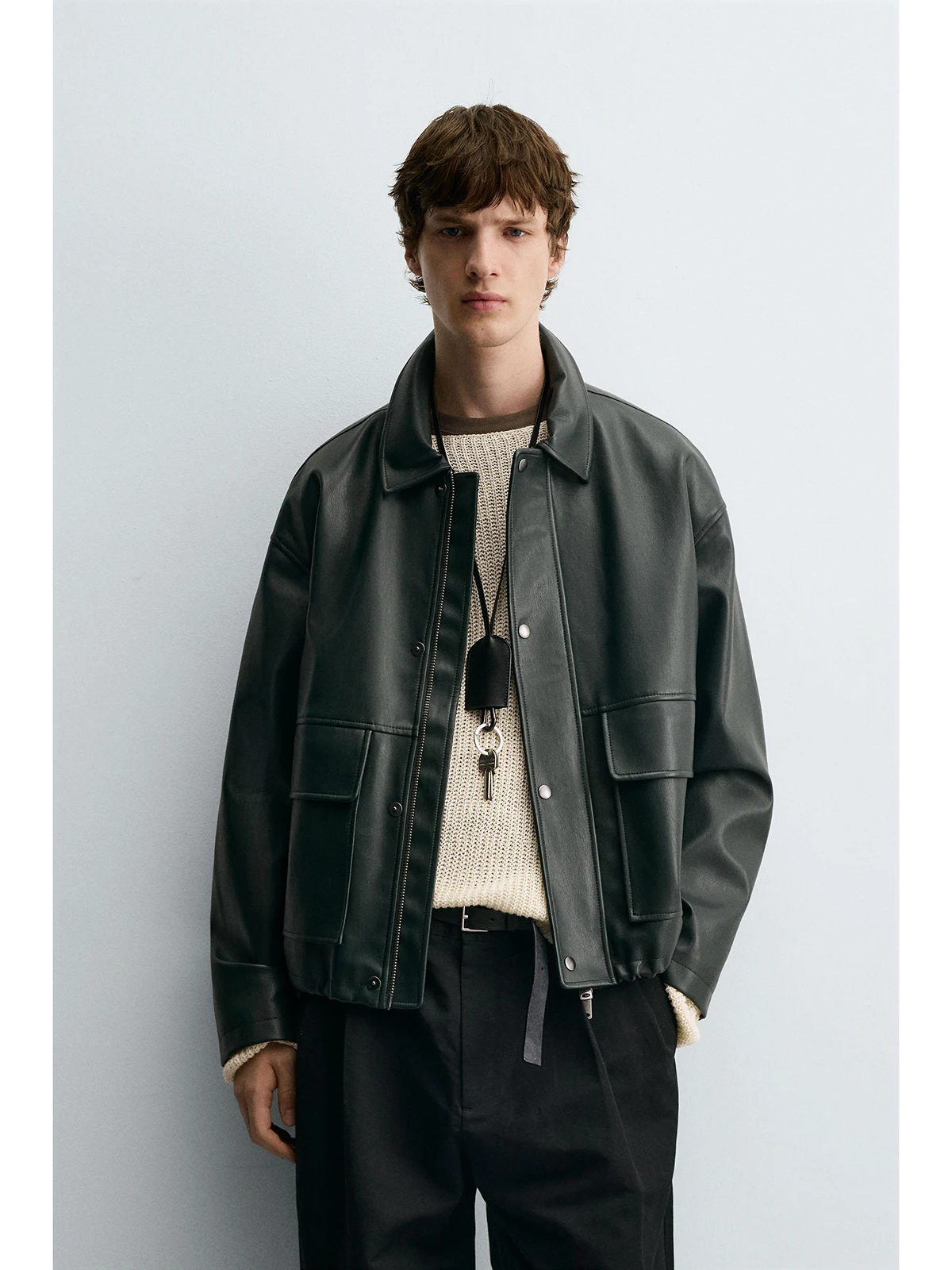 

Свободная кожаная куртка с эффектом для мужчин с кетами, повседневная длинная застежка-молния, полиэфирная ткань, осенние новые поступления