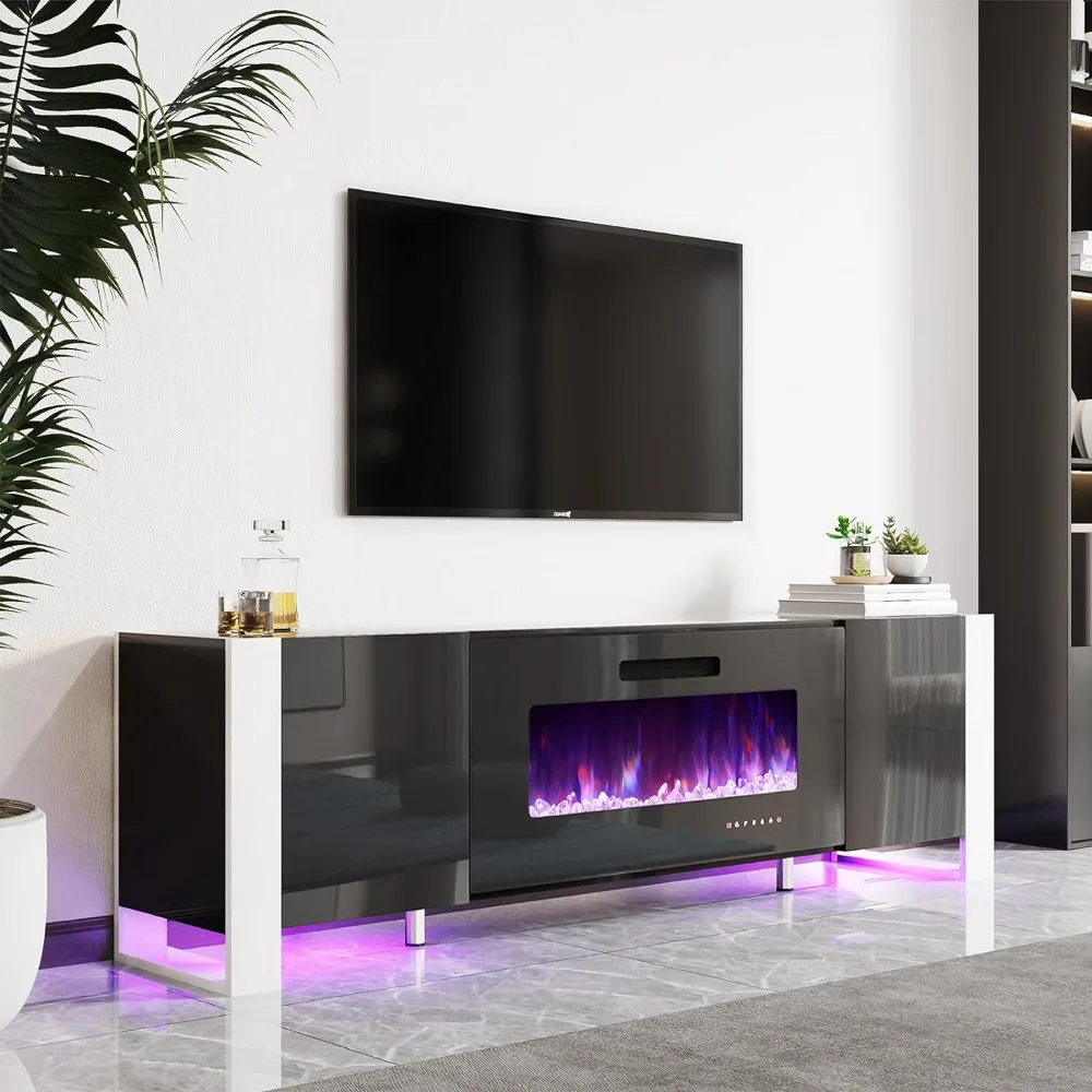 

Fireplace TV Stand with 36" Fireplace, 70" Modern High Gloss Entertainment Center LED Lights,Cabinet for TVs Up to 80", Black