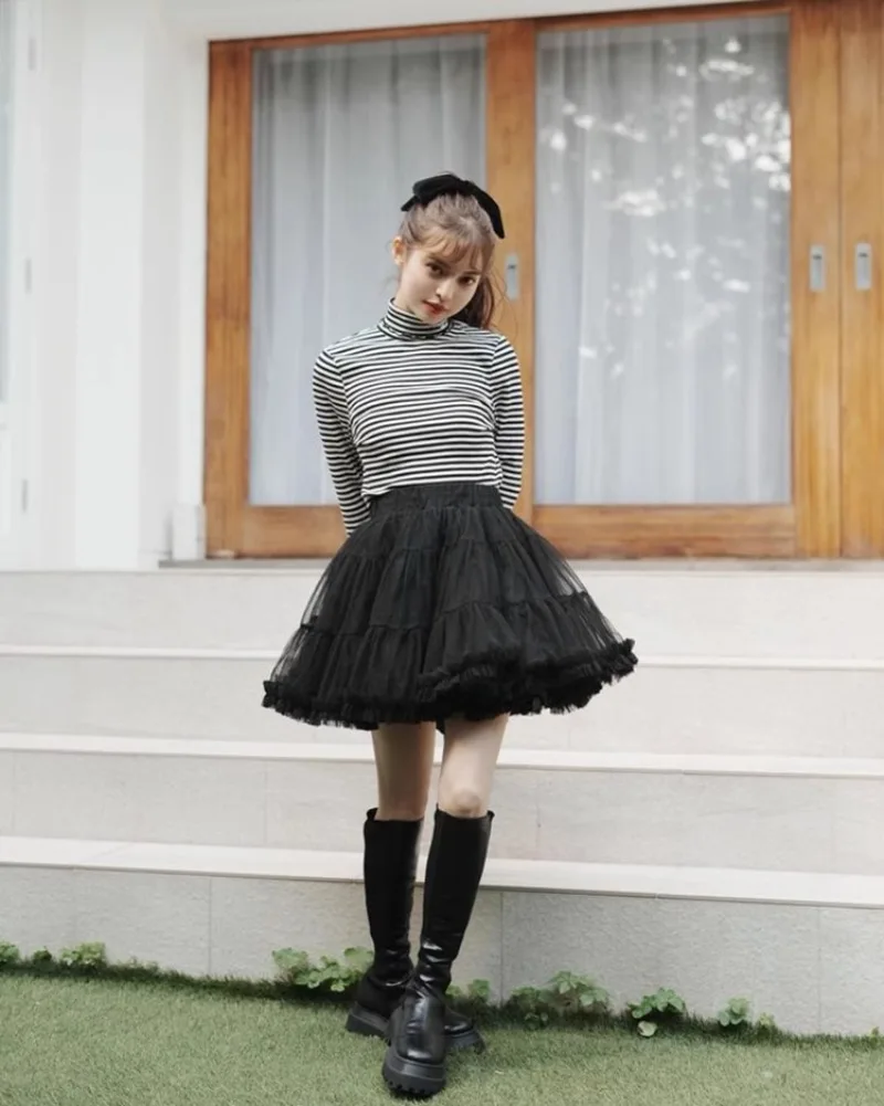 Japanese Rojita Style Sweet Mesh Elastic Waist Ballet Tutu Short Skirt Adult Princess Mini Skirts Black White Color Y2k Clothes