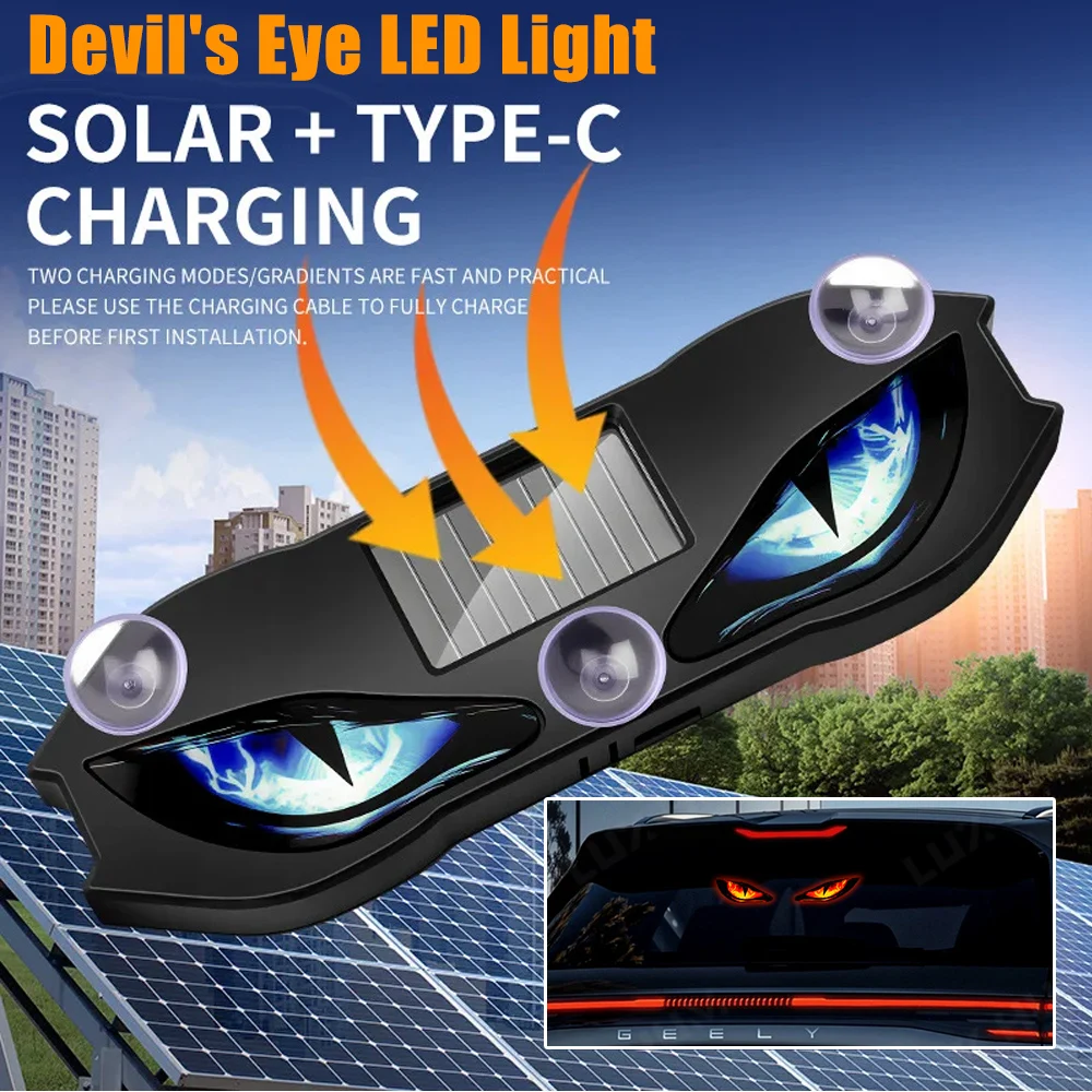 Solar Dynamic LED Devil Eye Expression Warning Light Car Truck Suction Cup No Wiring Auto Accessory