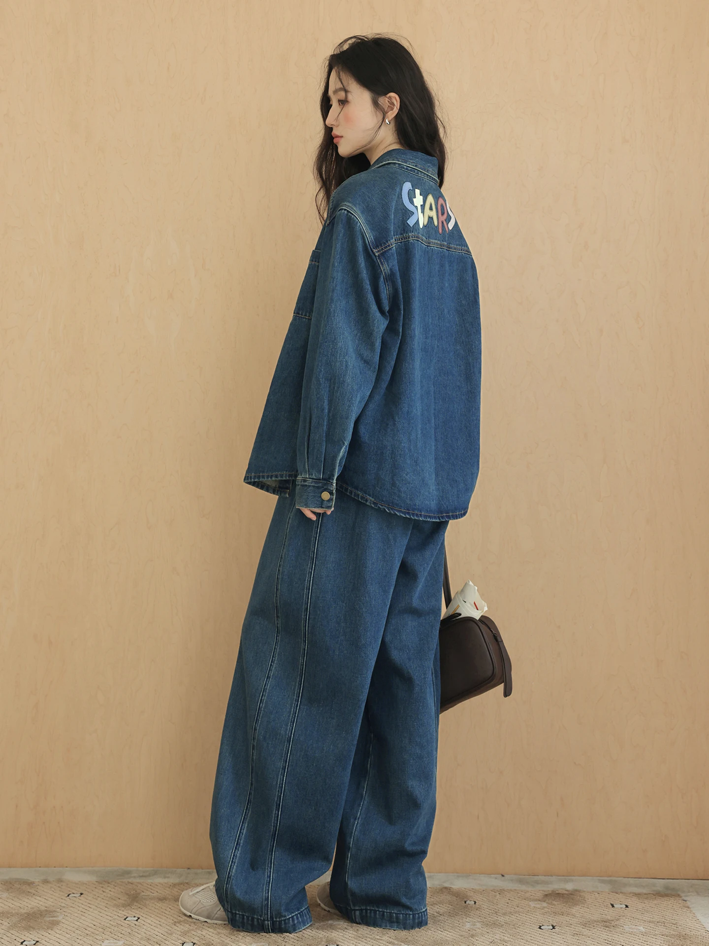 

Blue Embroidered Casual Loose Women's Denim Jaet Vintage Sle Long Sve Slimming Effect Straight Cut Flip Collar Coat