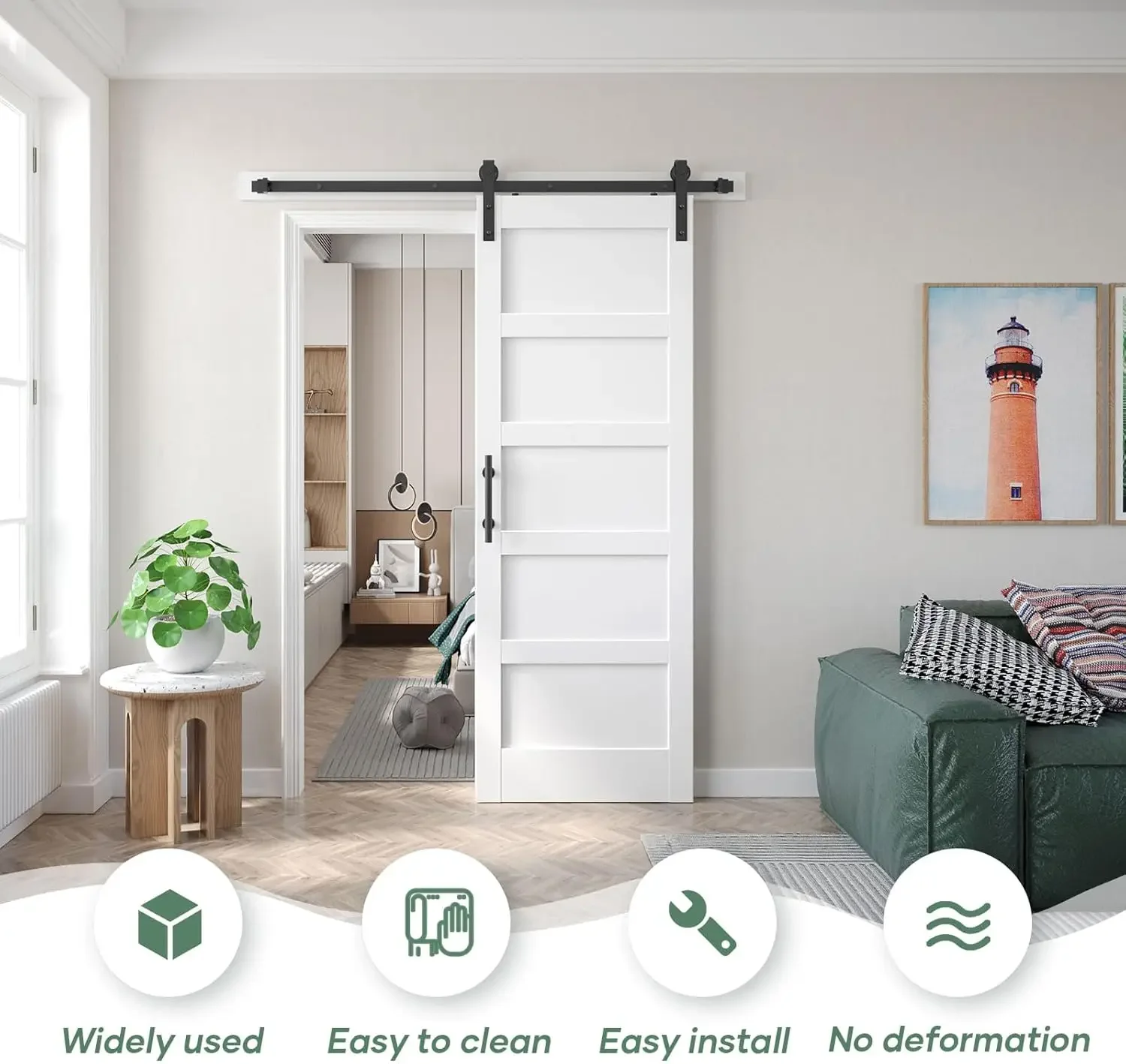 [متجر Helong] باب الحظيرة الأبيض مقاس 32 بوصة × 80 بوصة ومجموعة أدوات باب الحظيرة المنزلقة بطول 5.5 قدم، صلب، MDF، سطح PVC، مجموعة DIY، 5-