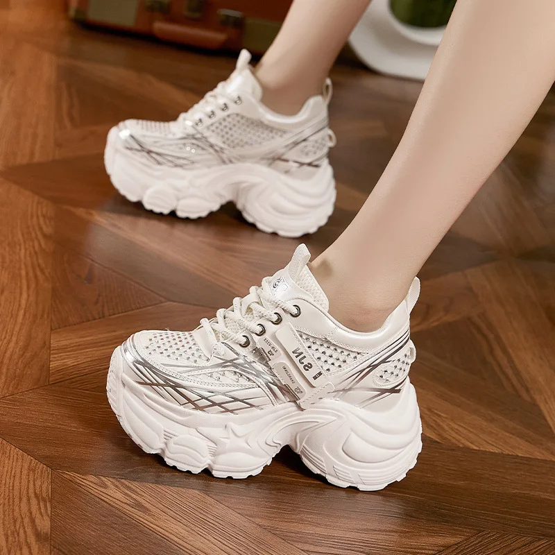 Thick Sole Heightened Mesh Breathable and Fashionable Rhinestone Women's Shoes 2025 Autumn New Versatile Sports Casual Shoes