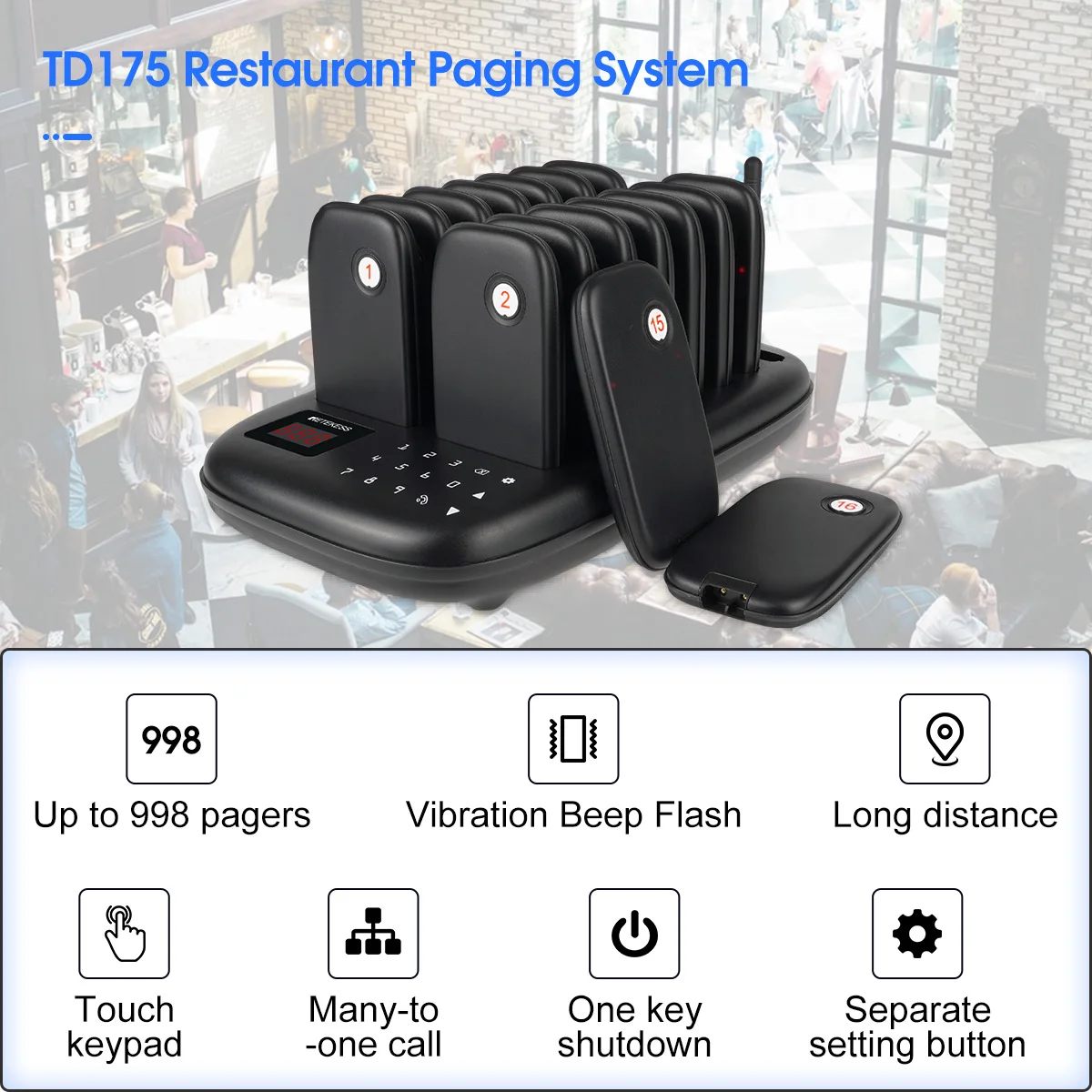 RETEKESS TD175 Restaurant-Pager Drahtloses Rufsystem Vibrations-Untersetzer Buzzer Empfänger für Food Trucks, Cafés, Bars, Kliniken – Detail 7