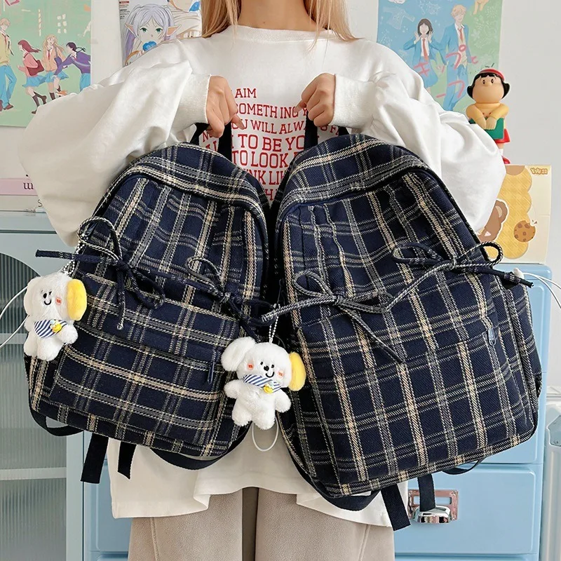 Winter Women Backpack British-Style Retro Plaid Daypack Campus Student Schoolbag Teen Girls Kawaii Book Bag Cute Travel Rucksack
