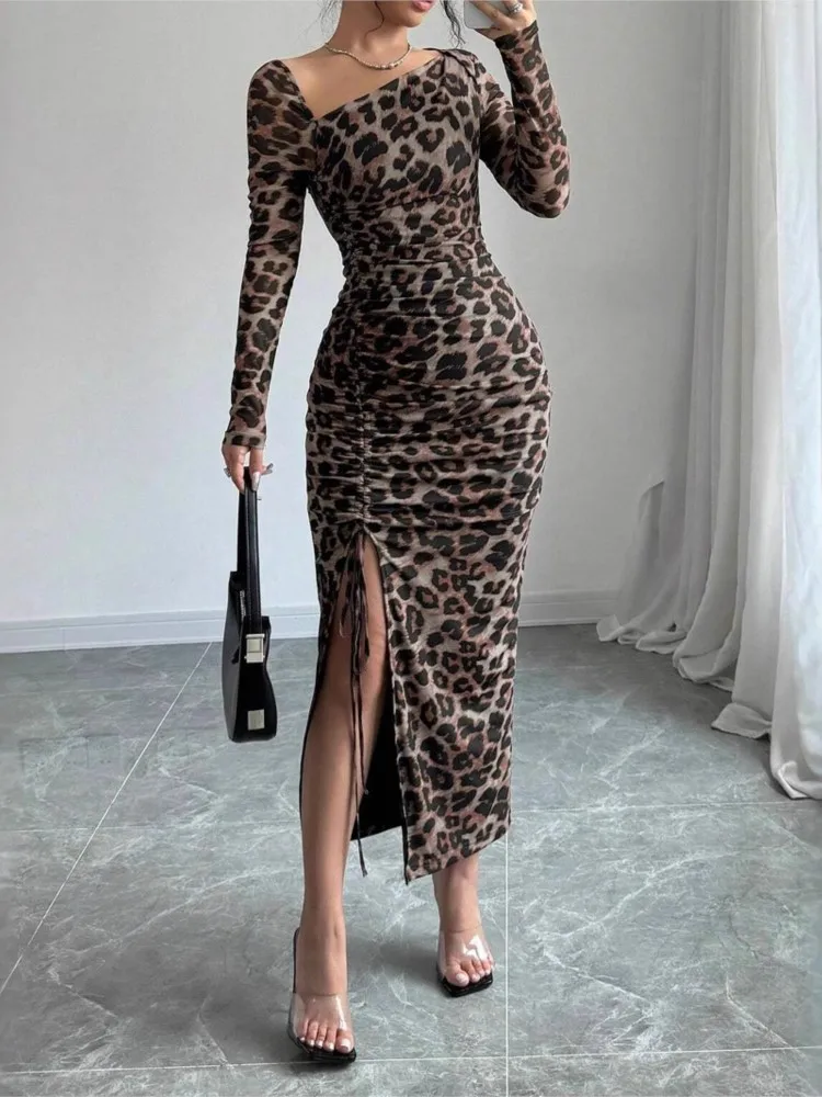 Summer Women's New Fashion Leopard Print Long Sleeve Sexy Split Drawstring Slimming Casual Slant Neck Long Dress