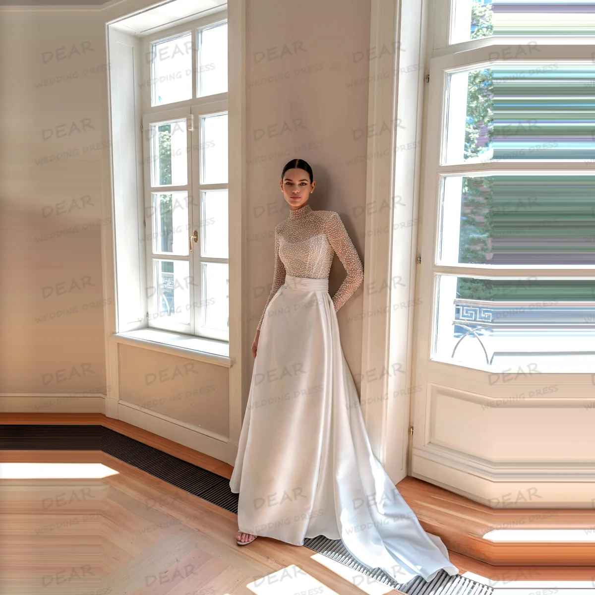 

Роскошные сексуальные блестящие свадебные платья трапециевидной формы, женские платья невесты с бисером, с высоким воротом, иллюзия, с длинным рукавом, Vestidos De Novia, по индивидуальному заказу