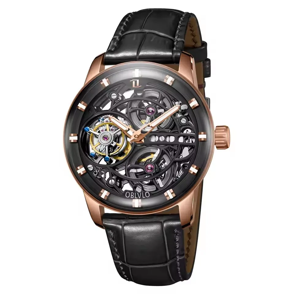 OBLVLO الرجال توربيون ساعة 42 مللي متر الفاخرة الميكانيكية ساعة اليد مضيئة 5Bar مقاوم للماء فقاعة الياقوت مرآة الجوف خارج الهاتفي