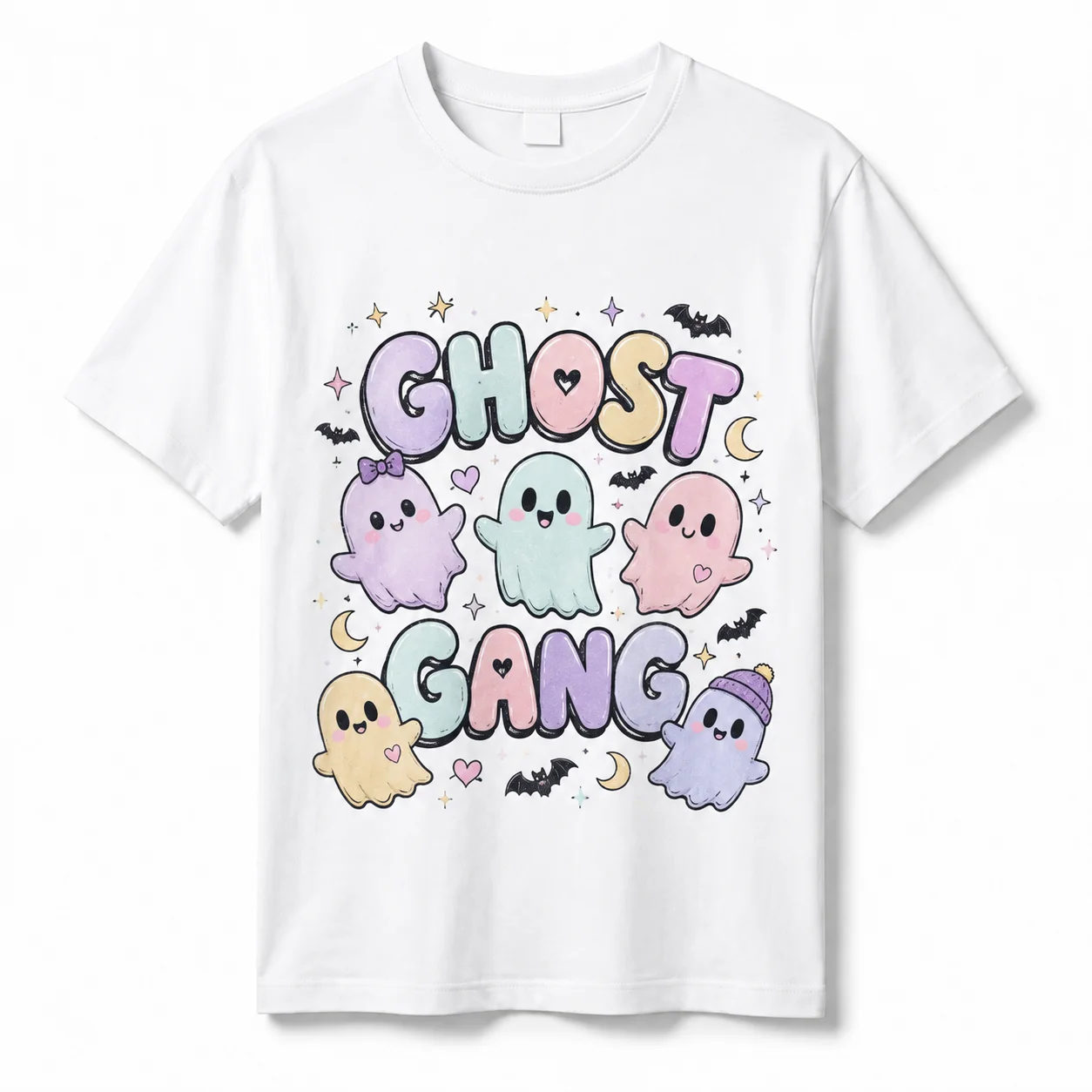 100% Cotton Soft Breathable Ghost Gang Cute Ghost Print Women T‑Shirt For Halloween Party Daily Casual Wear