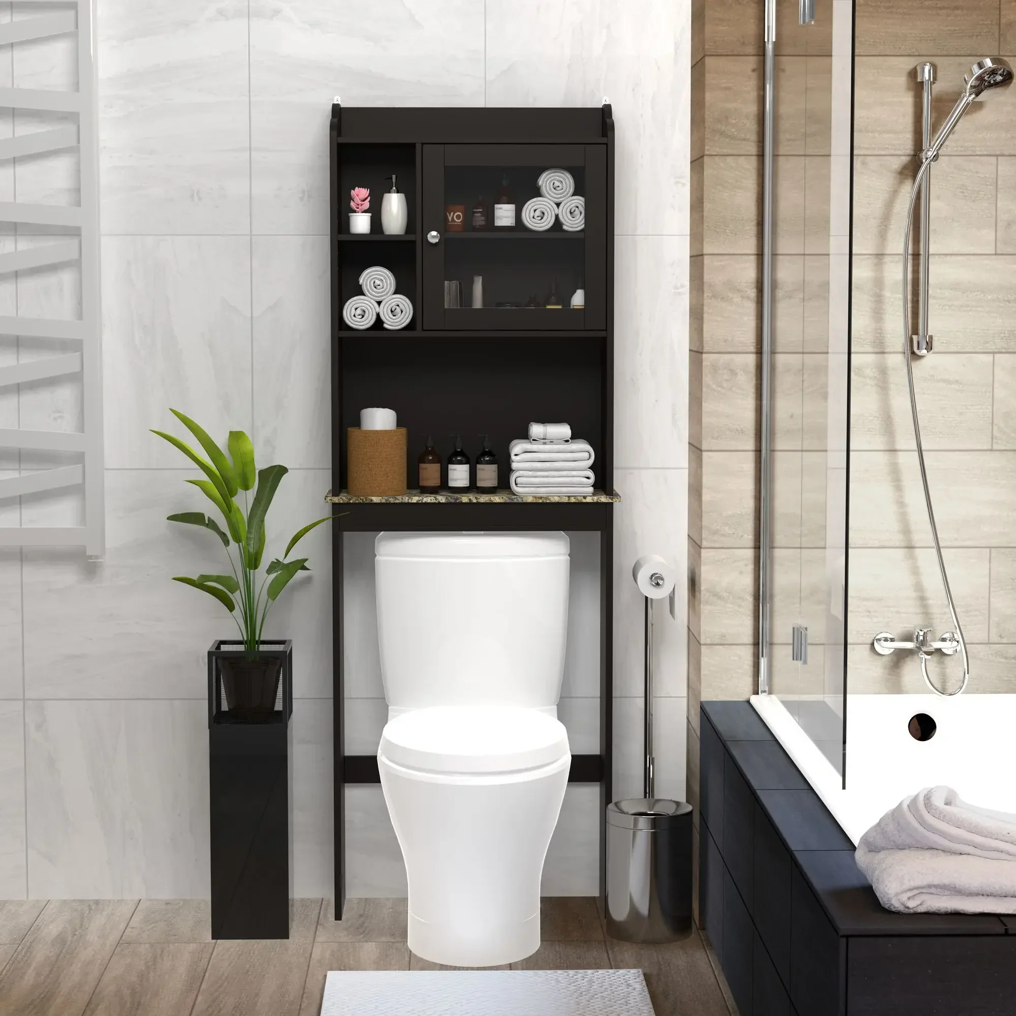 Modern Over The Toilet Space Saver Organization Wood Storage Cabinet for Home, Bathroom Shelves
