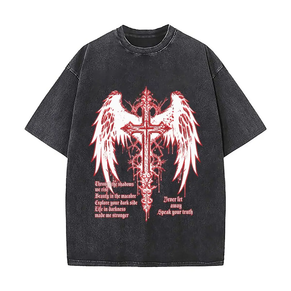 Gothic Angel Wings Cross Through The Shadows We Rise Vintage Distressed Loose Streetwear Tops