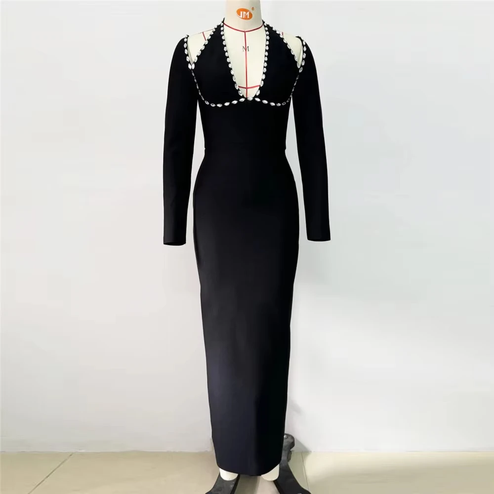 Women's Retro Dress Hepburn Style V-neck Hanging Neck Long Skirt Heavy Industry Diamond Inlaid Slimming Women's Bandage Dress