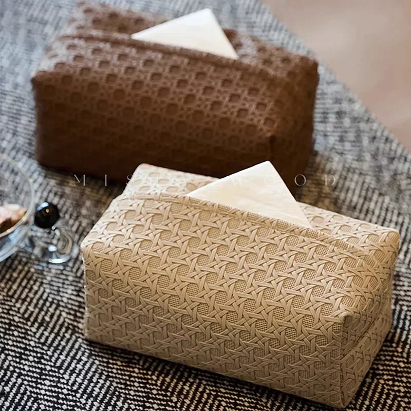 

Tissue Box Advanced Light Luxury Rattan Waterproof PU Leather Storage Box Family Living Room Bedroom Large Capacity Tissue Bag
