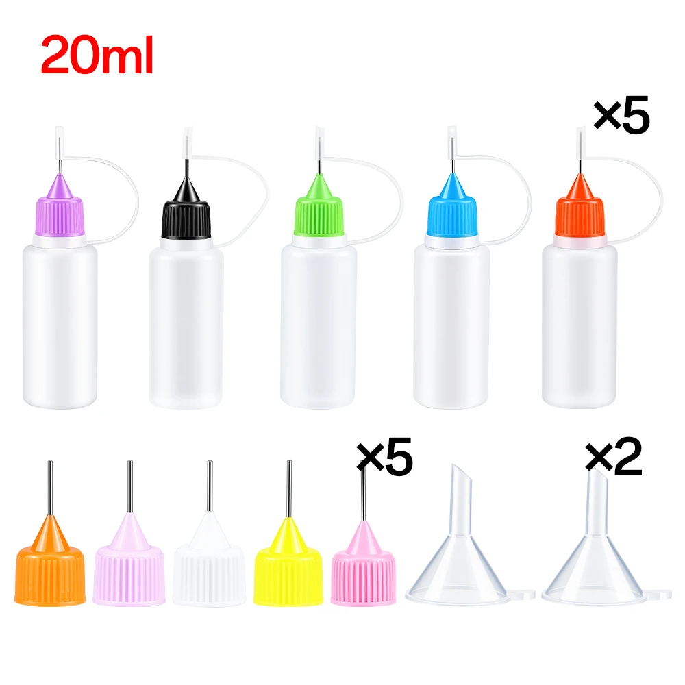 5 Stück 10ml-120ml Präzisions-Applikatorflaschen mit Nadelspitze, Quetschflaschen für Klebstoff mit 2 Mini-Trichtern für DIY-Malerei und Papierquilling