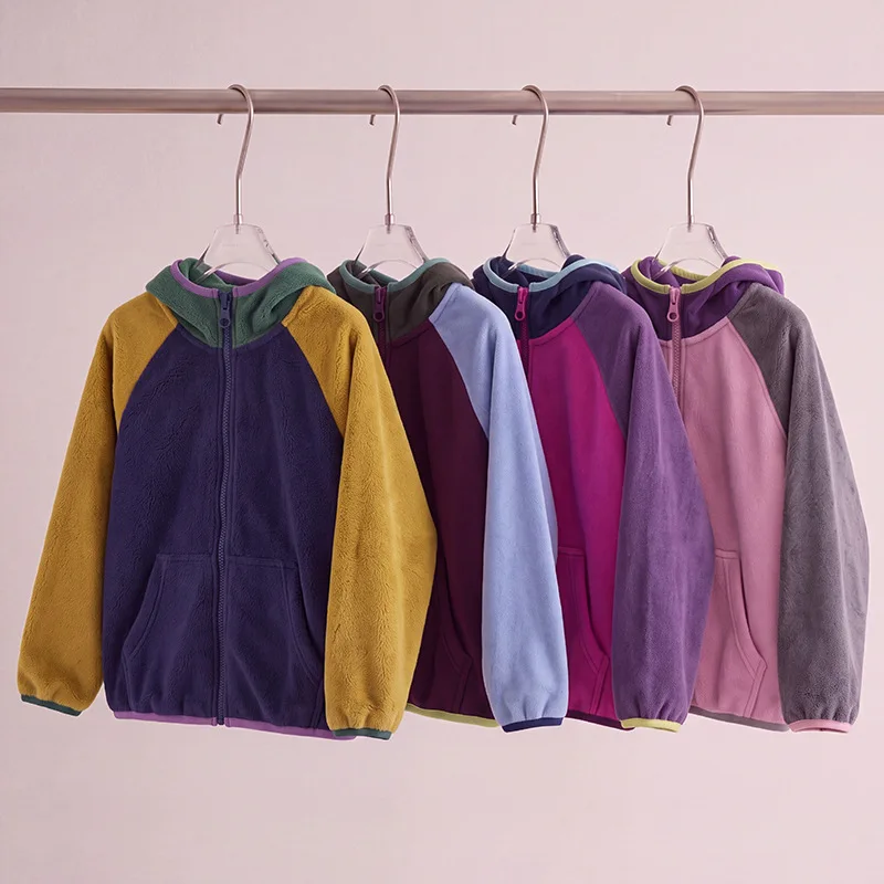 Double-sided Velvet Jacket Boys Cardigan Contrasting Color Raglan Sleeves Girls Hooded Jacket Children Top Autumn Winter