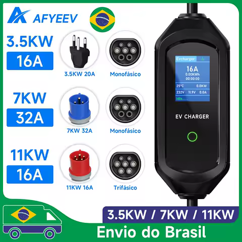 Afyeev 32a 7kw type2 ev carregador portátil 11kw 16a 3 fases 5m cabo evse caixa de carregamento carregador de carro plugue cee para veículo elétrico