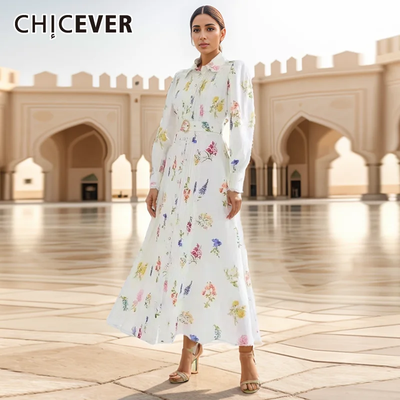 

CHICEVER Printing Spliced Lace Elegant Dress For Women Lapel Lantern Sleeve High Waist Patchwork Belt Summer Dresses Clothes New