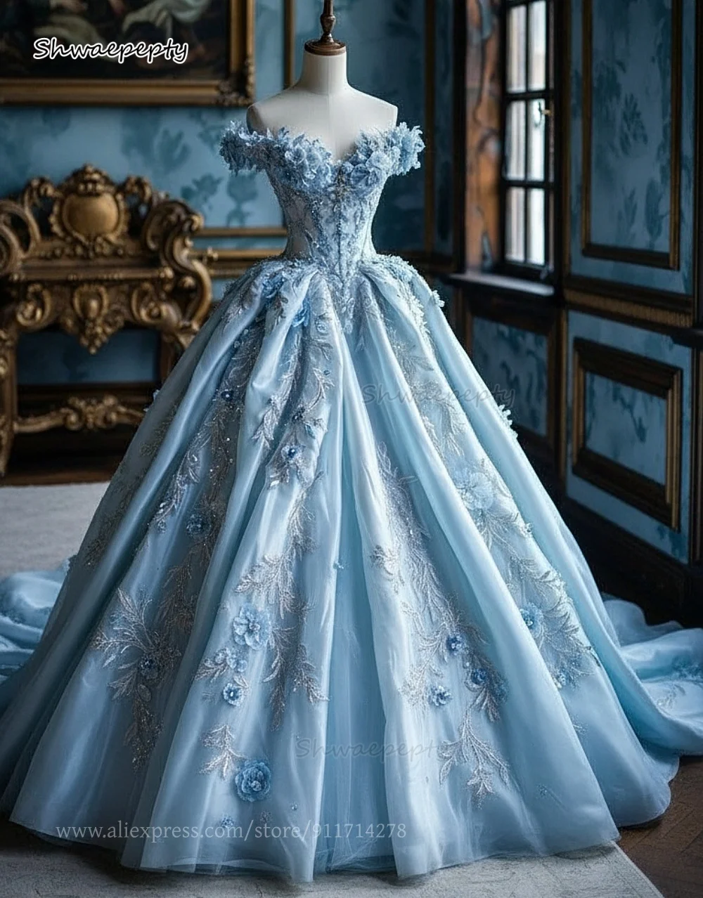 Fantasy Light Blue Wedding Dress Flowers Lace Appliques Off-Shoulder Court Train Pastrol Princess Bridal Gowns Customized