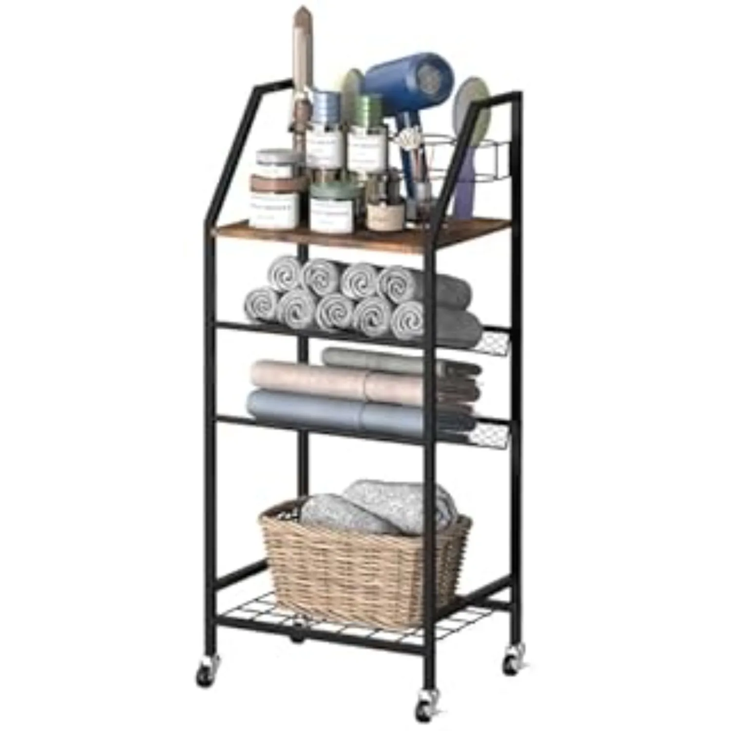 

4-Tier Heavy Duty Metal Towel Rack with Wheels & Hair Tool Organizer, Free Standing Space-Saving Bathroom Storage for Pool Home