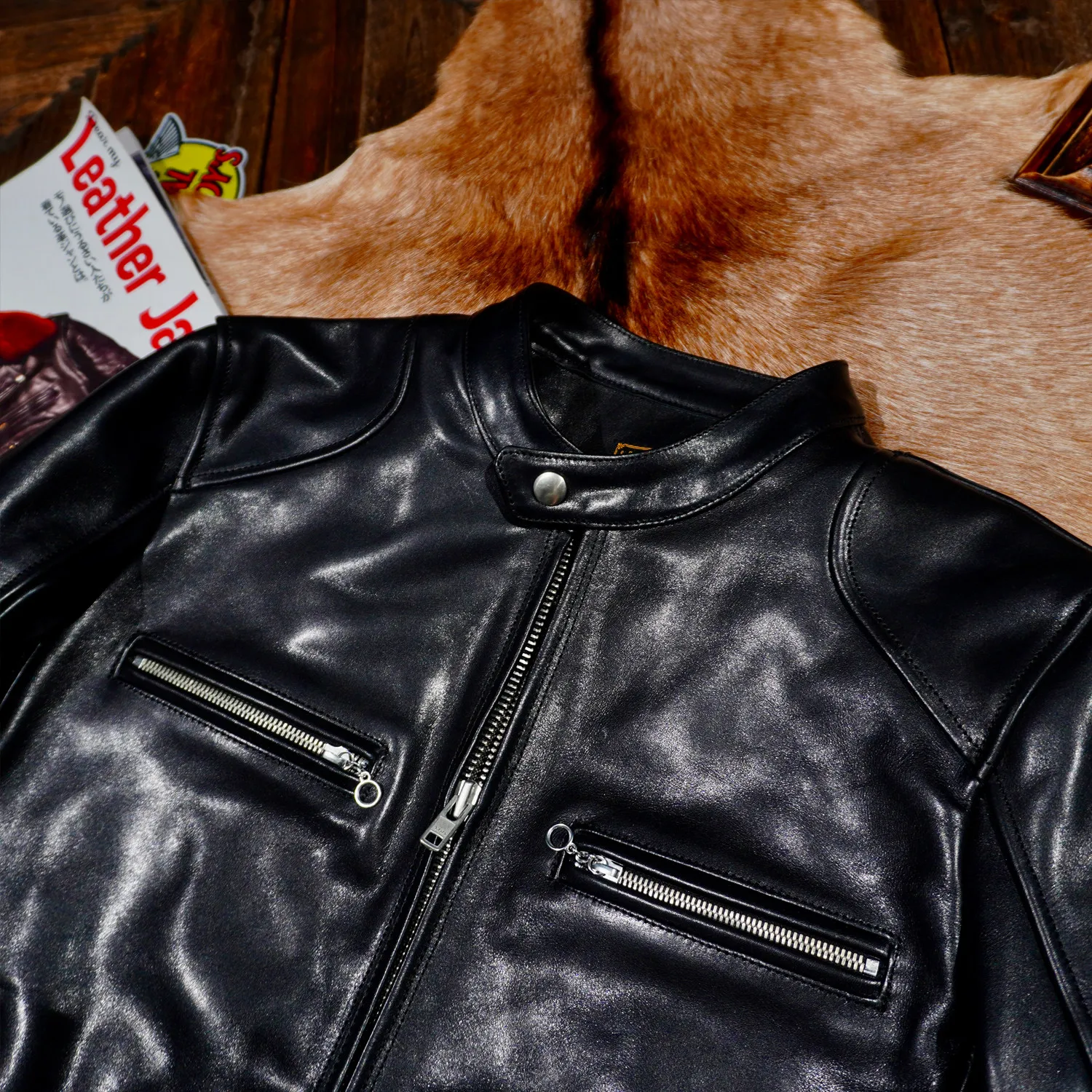 1.5MM thickness classic full vegetable tanned uncoated horse leather locomotive short stand-up collar J100 slim jacket