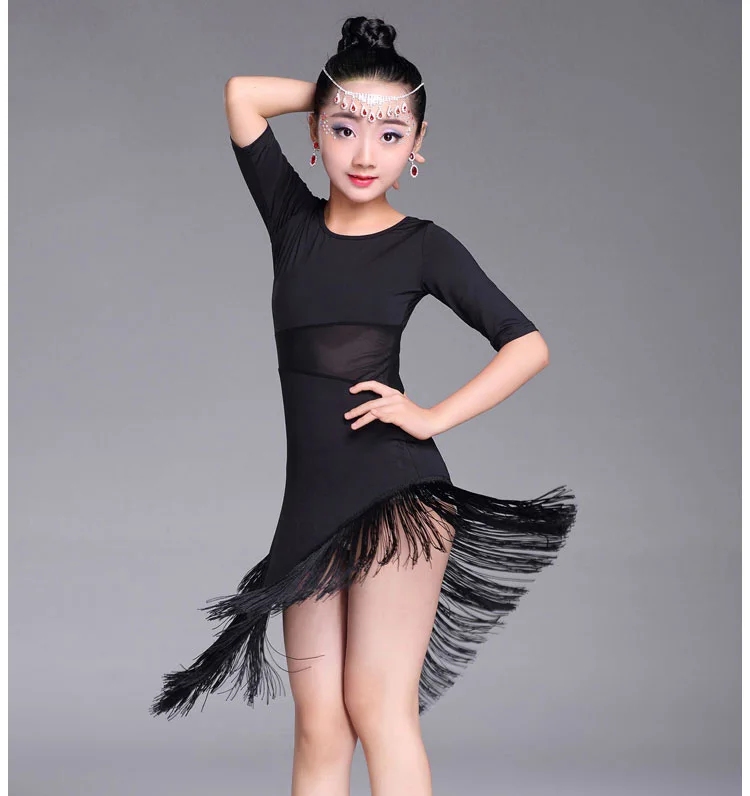 Vestido de baile latino para niños y niñas, ropa de baile latino con flecos, disfraz de Salsa, vestidos de Tango de salón en negro y rojo, nuevo