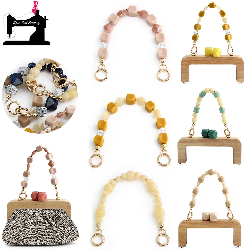

2/5/10PCS 20CM Candy Color Plastic Bead Natural Wooden Clutch Wallet Frame For Purse Bags Handle With Chain Handbag Accessories
