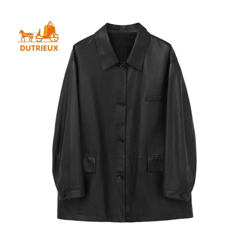 Giacca da donna in vera pelle di media lunghezza con risvolto autunno e inverno, vera pelle di pecora al 100%, cappotto versatile alla moda semplice e generoso