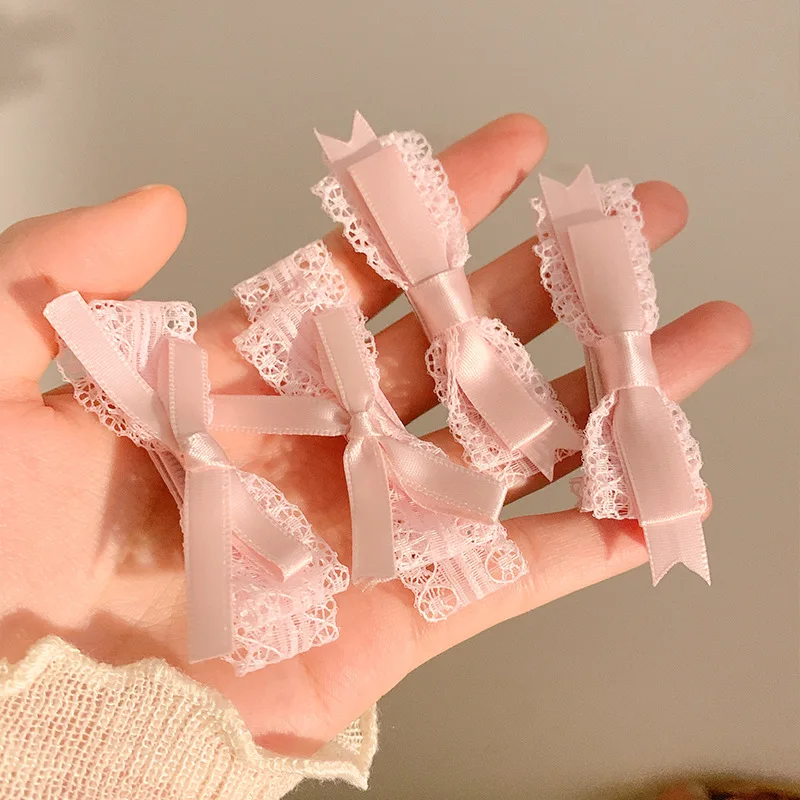 1pair Pink Ribbon Hair Bows Clips Lace Cute Headdress Zircon Bowknot Hairpin Girls Loli Cosplay Hair Accessories