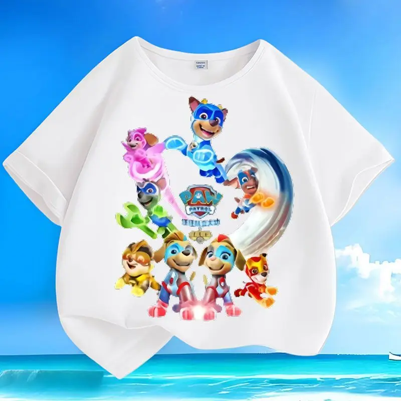 Cartoon PAW Patrol Toddler Cotton T‑Shirt Mighty Super Pups Full Team Graphic Short Sleeve Tee Boys Girls Kids White Tops