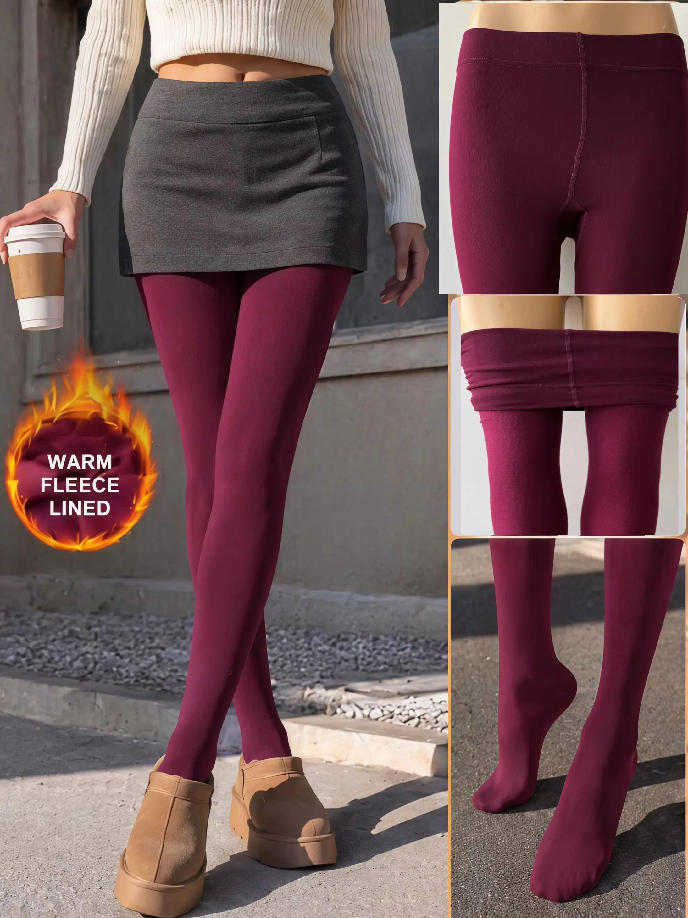 Burgundy Brushed Footed Tights High Waist Warm Fleece Pantyhose for Fall Winter Commute Workout and Travel Casual Wear