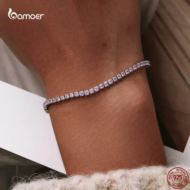 Bamoer 925 Sterling Silver Sparkling Pop 3 Colors Sweet College Style Bracelet Women Link Tennis Birthday Jewelry Gift SCB029 view 2